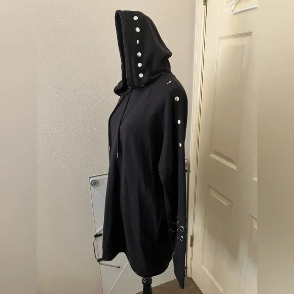 Missguided Black heavyweight long oversized Hoodie Grommet studded  large 12 - Picture 2 of 6